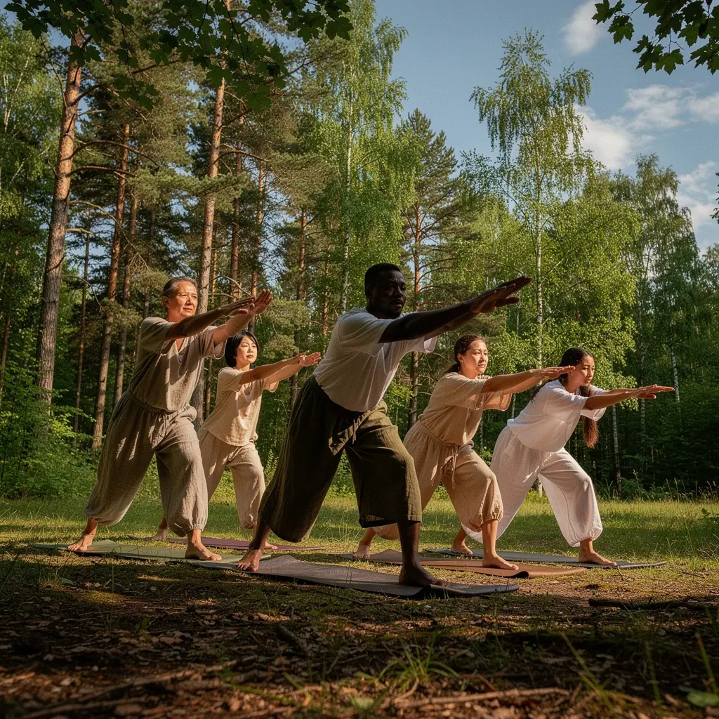 Uczestnicy praktykujący vinyasa w pięknym otoczeniu natury.