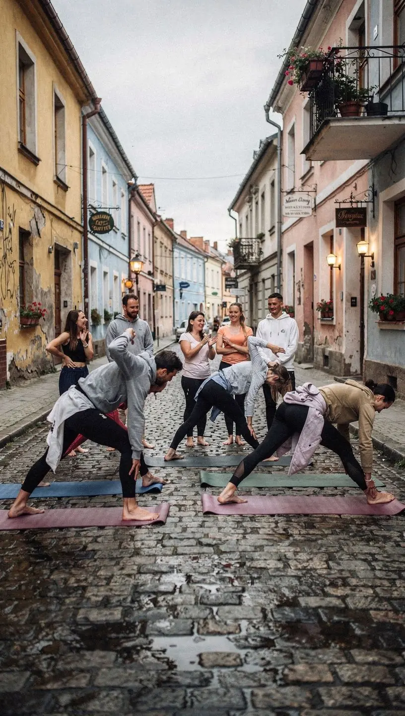 Grupa praktykujących jogę, wykonujących kreatywne sekwencje, połączonych w synchronizowanym rytmie.