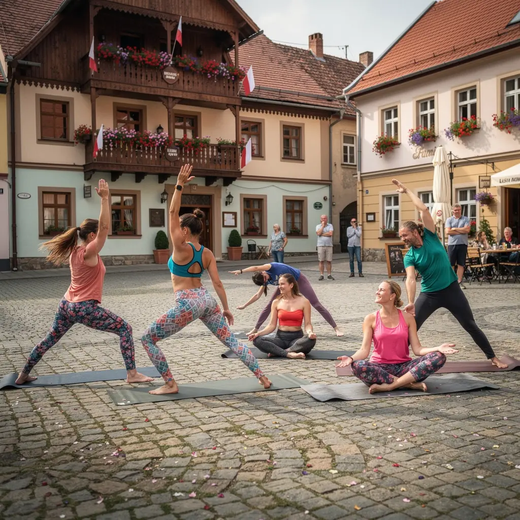 Grupa praktykujących jogę, wykonujących kreatywne sekwencje, połączonych w synchronizowanym rytmie.