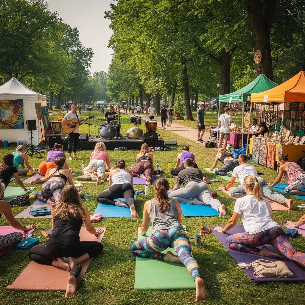 Grupa praktykujących jogę, wykonujących kreatywne sekwencje, połączonych w synchronizowanym rytmie.