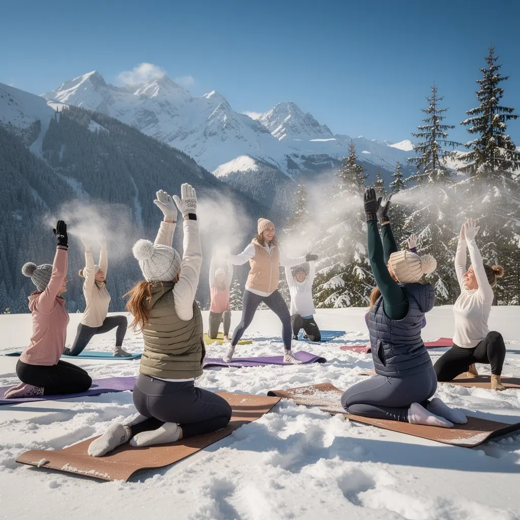 Grupa praktykujących jogę, wykonujących kreatywne sekwencje, połączonych w synchronizowanym rytmie.