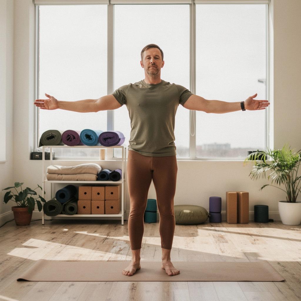 Instruktor prowadzący zajęcia vinyasa w studio jogi.